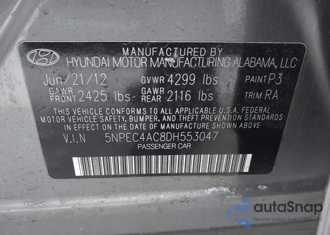 2013 Hyundai Sonata Se from USA, damaged, VIN 5NPEC4AC8DH553047